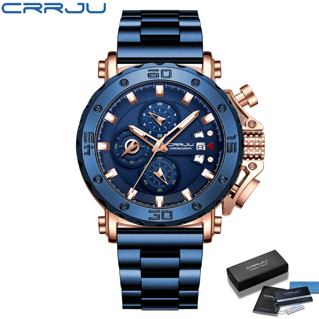 Relogio Masculino CRRJU Sport Chronograph Mens Watches Luxury Brand Full Steel Quartz Watch Waterproof Big Double Watch Men