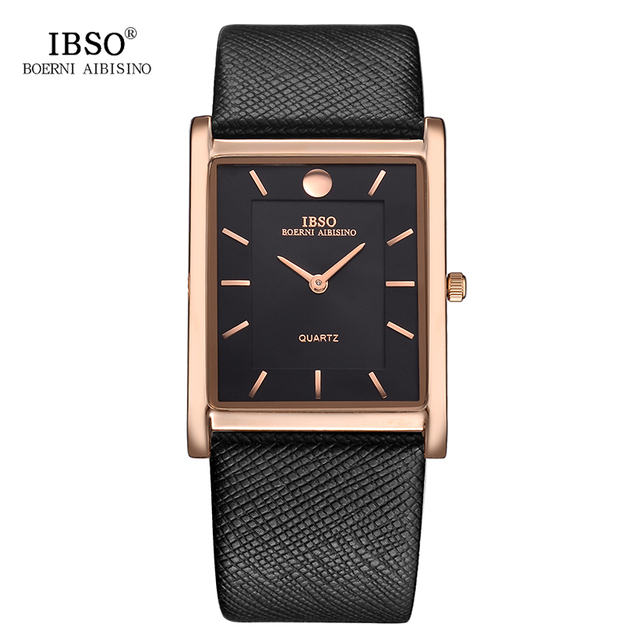 IBSO 7mm Ultra-thin Rectangle Dial Quartz Wristwatch Black Genuine Leather Strap Watch Men Business Classic Men's Quartz Watches