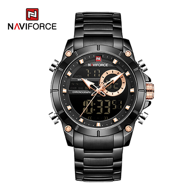 NAVIFORCE Men Military Sports Wrist Watch Gold Quartz Steel Waterproof Dual Display Male Clock Watches Relogio Masculino 9163