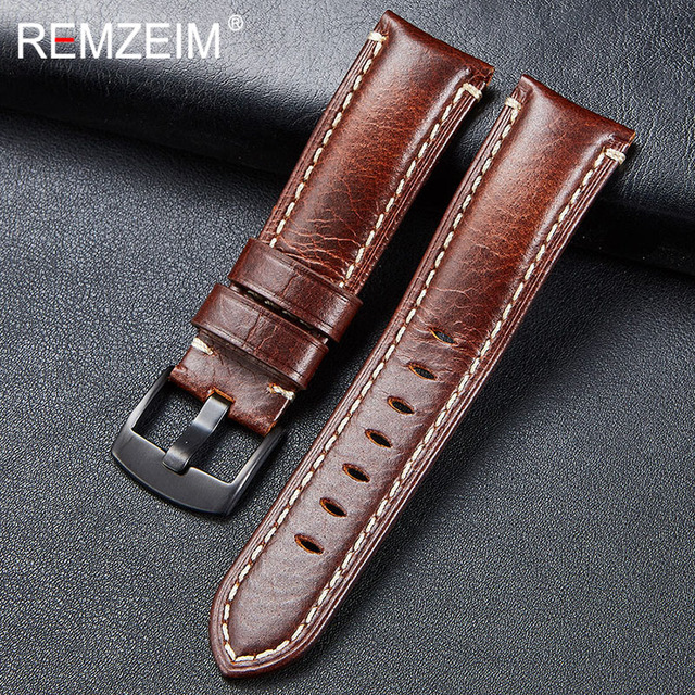 Remz Patterned - Genuine Leather Watch Strap, Brown, Green, Antique, 20, 22, 24, 26 mm, with Black and Silver Buckle