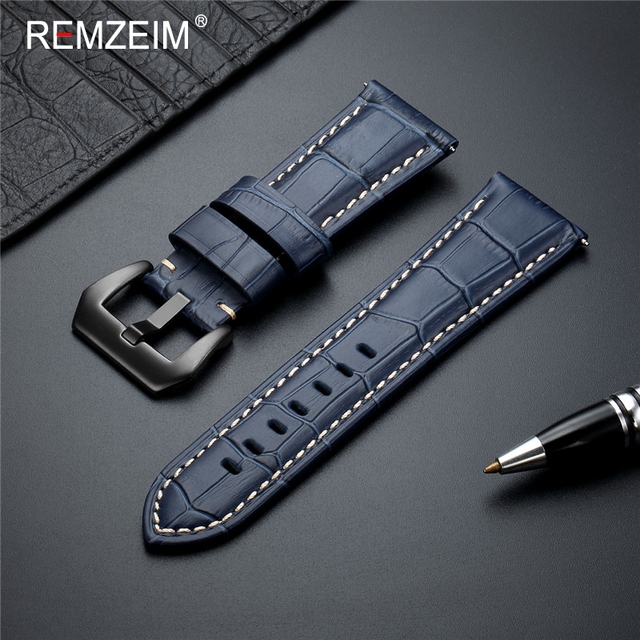 Remz Plaid - Genuine Leather Watch Strap, Blue Watch Strap, Solid Metal Buckle Watch Accessories, 20 22 24 26mm, New