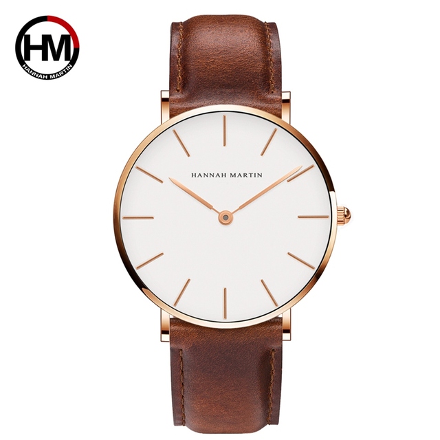 Hannah Martin High Quality Rose Gold Double Watch Men Leather Waterproof Wristwatch Women Dress Fashion Japan Quartz Saat Movement