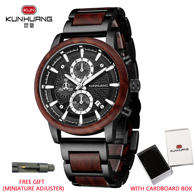 Kunhuang Luxury Wood Stainless Steel Men Watch Fashion Wooden Watches Chronograph Quartz Watches relogio masculino gift man