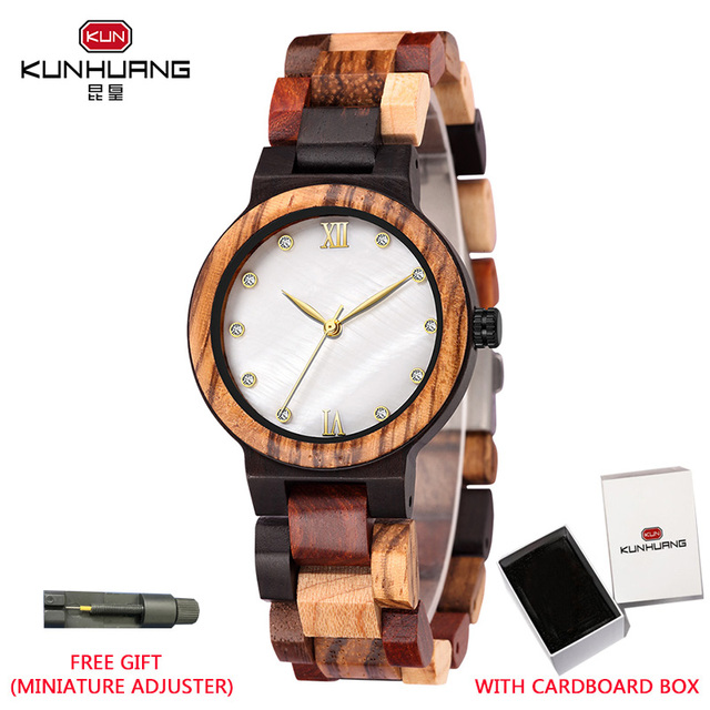 Kunhuang Ladies Watch Top Fashion New Wooden Quartz Watch Japan Movement Business Watch Great Gift Wood Boxmontre Femme