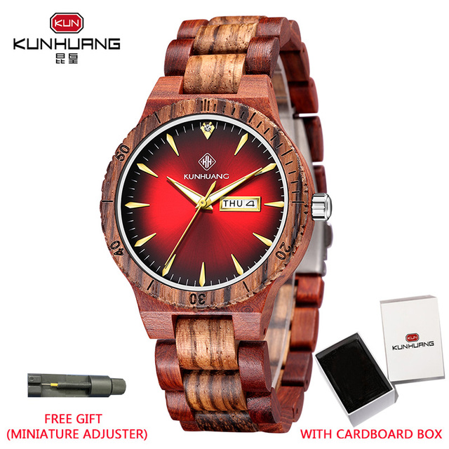 Kunhuang Men's Watch Colorful Dial Wooden Watch Week Clock Date Display Quartz Wood Wristwatch for Men Women reloj mujer