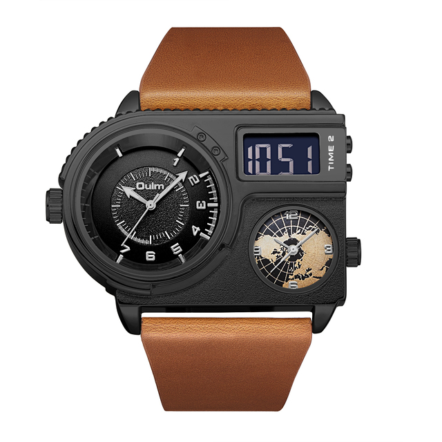 Oulm Fashion Pilot Digital Mens Watch Dual Display Multiple Time Zones Sport Leather Strap Military Oversize Quartz Male Clock