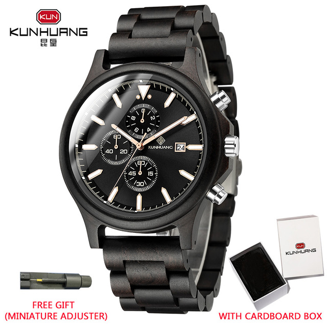 Kunhuang Handmade Wooden Watches Mens Watches Chronograph Watch Military Quartz Wristwatch Male In Wooden Gift Box Relogio