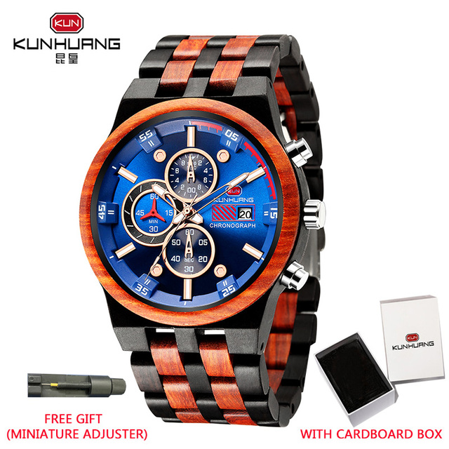 Kunhuang Wooden Mens Watch Luxury Elegant Wood Watches Chronograph Zebra Wood Quartz Watches in Wooden Gift Box reloj de hombre