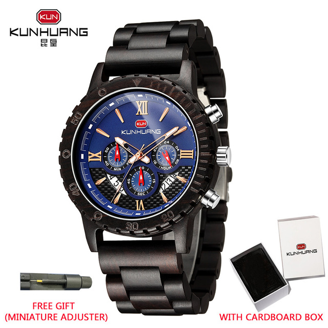 Kunhuang Luxury Brand Men's Watch Wooden Multifunctional Raw Quartz Watch High Strength Ebony Glass Case relógio masculino