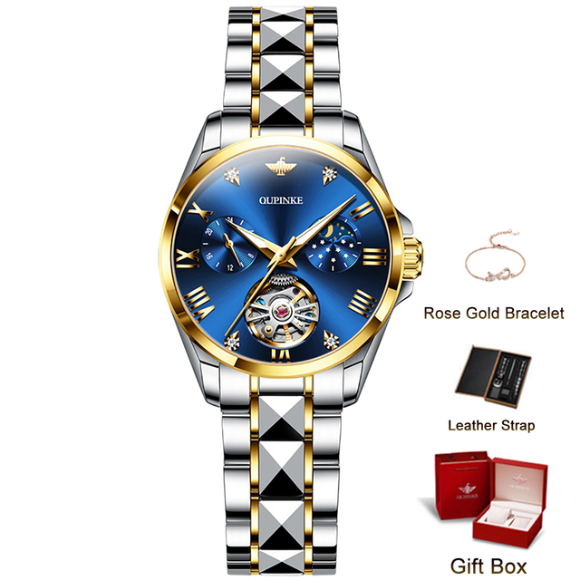 OUPINKE Luxury Watches for Women Bracelet Moon Phase Sapphire Crystal Automatic Mechanical Wristwatch Water Resistant Watch Clock