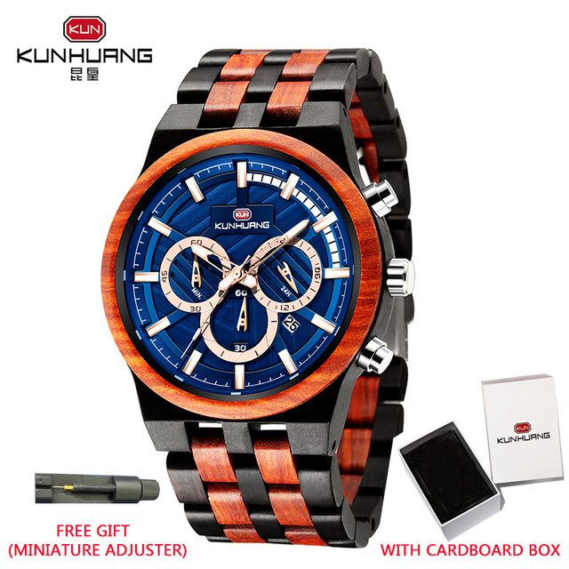 Relogio Masculino KUNHUANG Men's Wooden Watch Top Brand Luxury Stylish Chronograph Military Watches in Wooden Box reloj hom