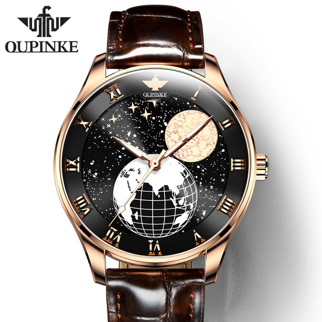 OUPINKE Men's Mechanical Watch Starry Sky Moon Phase Sapphire Crystal Glass Automatic Leather Business Wristwatch for Mature Male