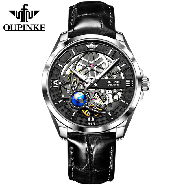 OUPINKE New Men's Automatic Mechanical Watch Skeleton Design 50M Waterproof Sapphire Mirror Leather Strap Male Watches