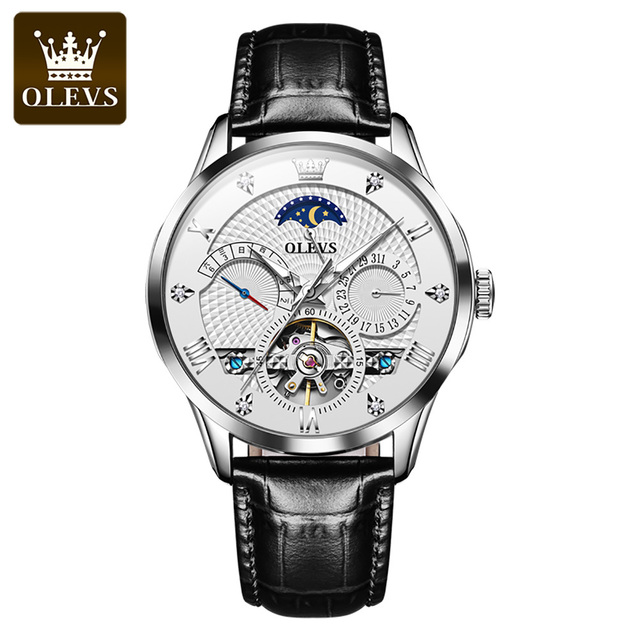 OLEVS New Luxury Men Automatic Mechanical Watch Waterproof Luminous Hollow Watches for Men Leather Strap Moon Phase Calendar