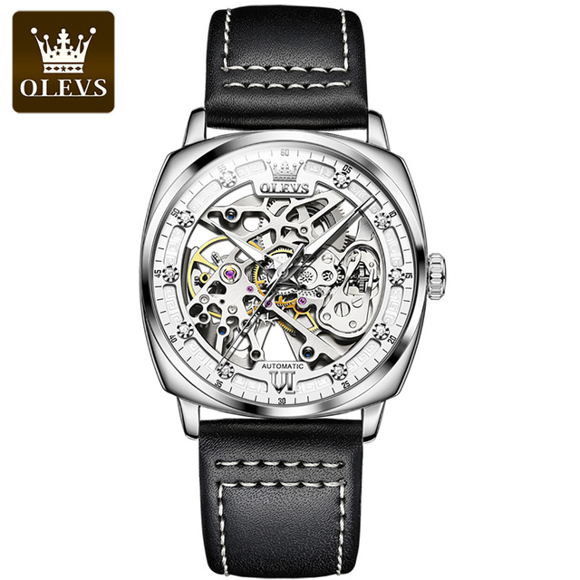 OLEVS Watch for Men Luxury Brand Diamond Automatic Mechanical Wristwatches Skeleton Design Waterproof Leather Men's Watches