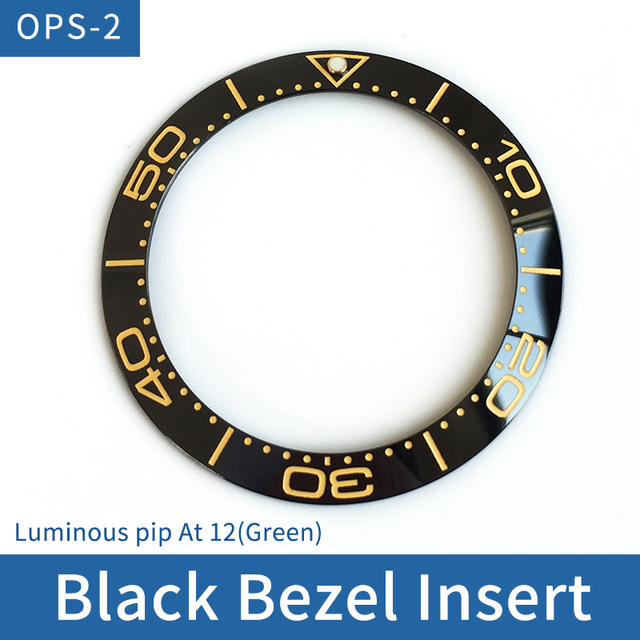 Slanted ceramic watch bezel, 38 x 30.6 mm, luminous tube, at 12, for Omega Master Series