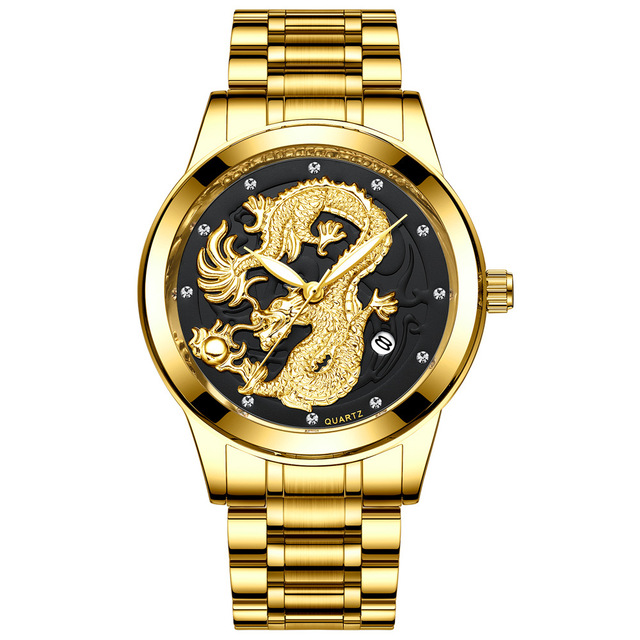 FNGEEN Mens Watches Luxury Brand Chinese Golden Dragon Quartz Watch Diamond Dial Stainless Steel Watch Male Relogio Masculin