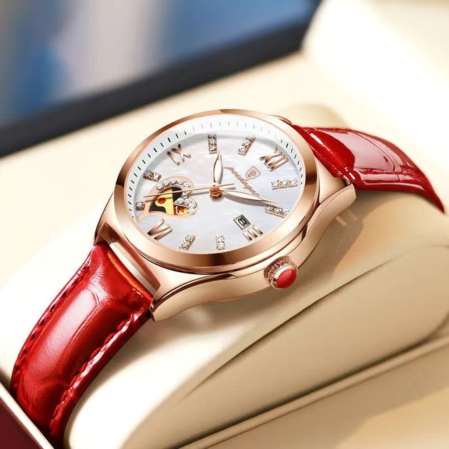 POEDAGAR 2022 Women Watches Fashion Leather Romance Red Dial Luxury Ladies Watch Waterproof Quartz Date Swiss Brand Wristwatch