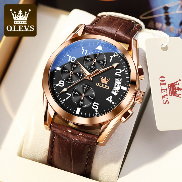 OLEVS Watch 2022 New Fashion Casual Mens Watches Luxury Brand Quartz Watch Premium Leather Waterproof Chronograph Watch for Men