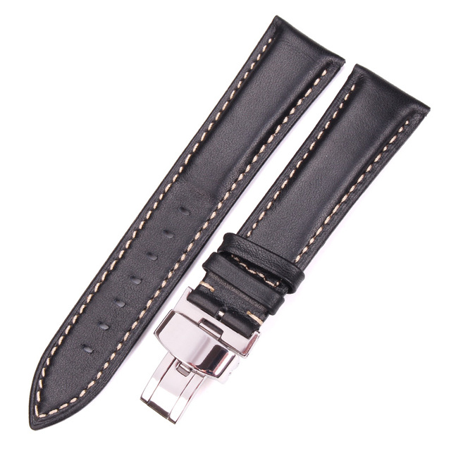 Soft Antique Watch Strap for Men and Women, Dark Brown, Genuine Leather, Metal, Butterfly Deployment Buckle, 18-24mm