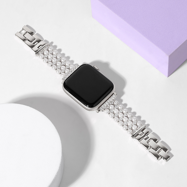 Pearl Metal Diamond Strap for Apple Watch 7 45mm 41mm Ladies High-end Bracelet Wristband for iwatch 7 6 5 4 3 SE 44mm 42mm 40mm