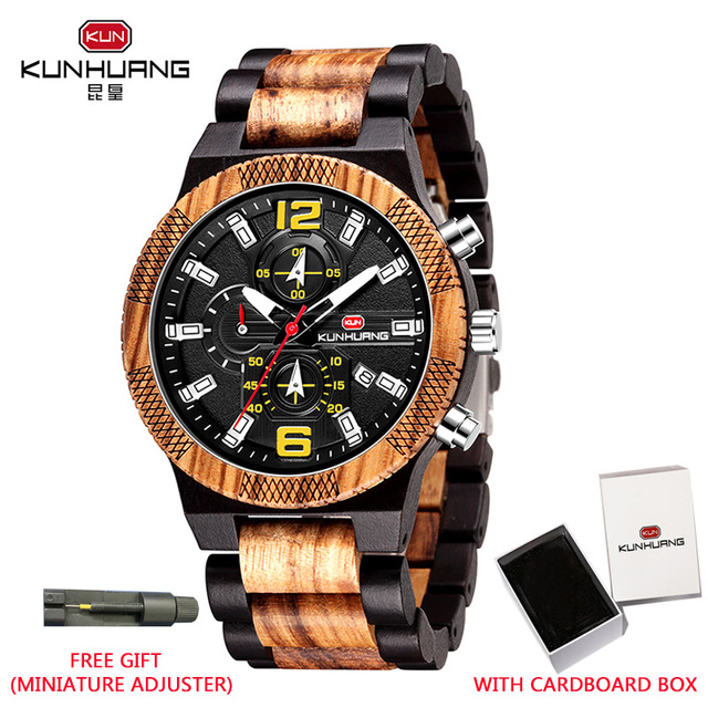 KUNHUANG Wooden Men Watches Luxury Famous Top Brand Men's Fashion Casual Watch Wooden Quartz Wristwatches Relogio Masculino