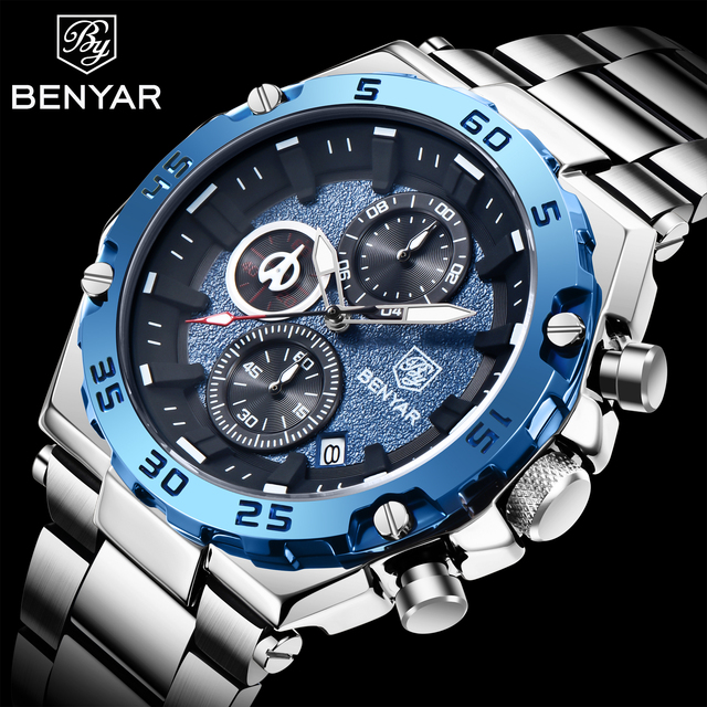 BENYAR 2022 New Luxury Men's Quartz Wrist Watches Waterproof 30M Stainless Steel Business Chronograph Watch for Men reloj hombre