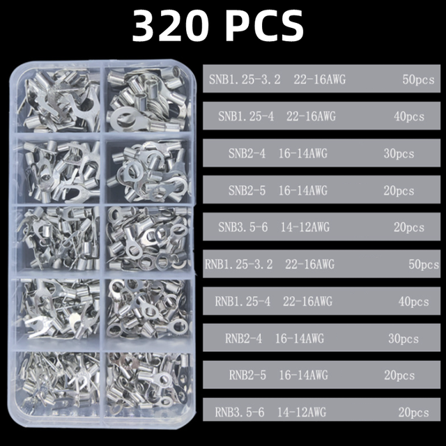 320pcs Boxed, Crimp Terminal Pliers, Cold Pressed Terminal, U Shaped O, Wire Connector 0.5-4mm Square Eletrico Terminal