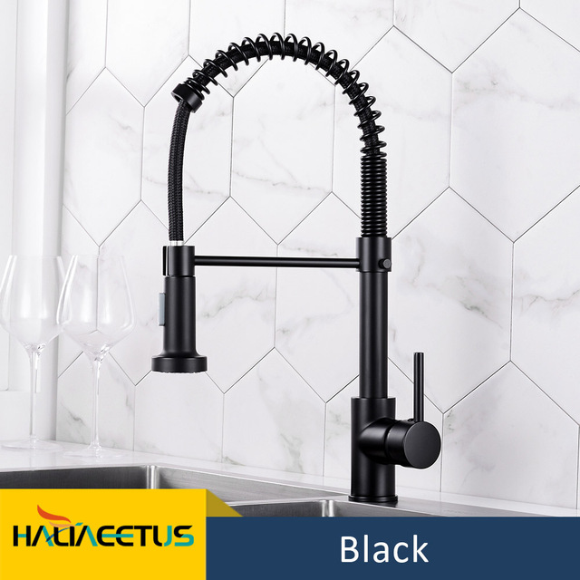 Black Spring Style Kitchen Faucet Deck Mounted 360 Degree Rotation Sink Tap Mixer Hot Cold Pull Down Sprayer Nozzle Faucets