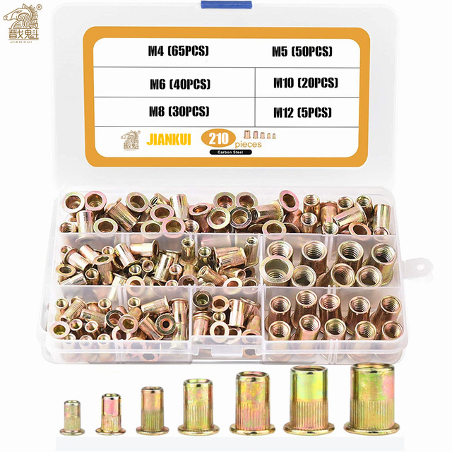 210/165/100 قطعة صندوق الكربون الصلب برشام المكسرات الكربون الصلب M3 M4 M5 M6 M8 M10 M12 شقة رئيس برشام المكسرات مجموعة أجزاء الأجهزة