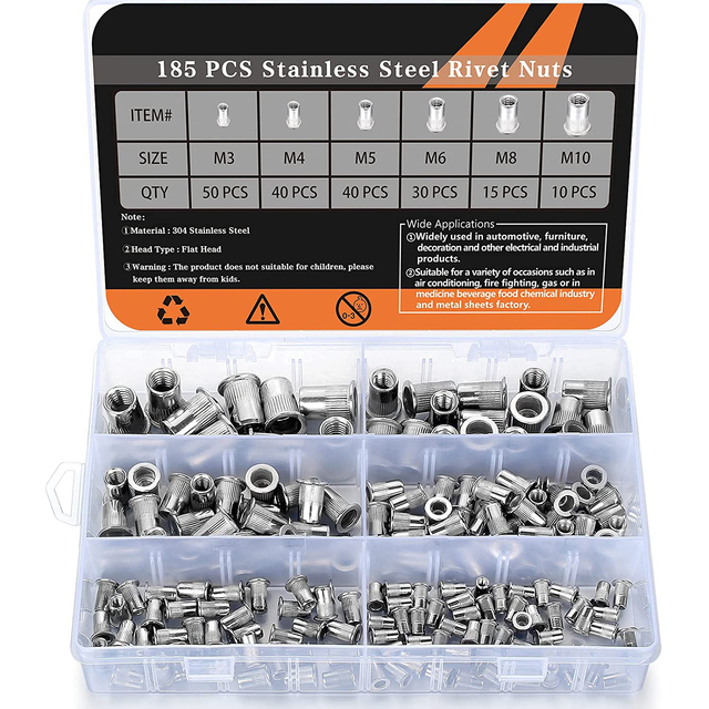 210pcs Stainless Steel Rivet Nut Set ,304 Flat Head Steel Rivet Nut Threaded Rivet Nut Insert Assorted Set