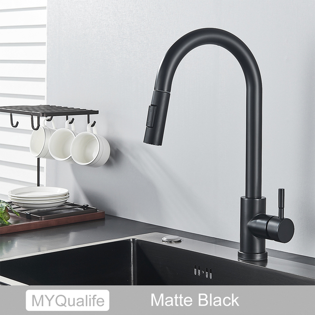 Free Shipping Black Kitchen Faucet Two Function Single Handle Pull Out Mixer Deck Mounted Hot and Cold Water Taps