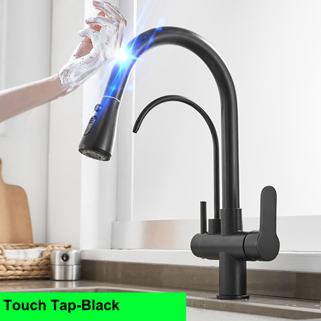 Hot Cold Touch Pull Out Kitchen Faucet Newly Brass Gray Pull Down Kitchen Mixer Tap Dual Handle Sensor Touch Filter Kitchen Faucet