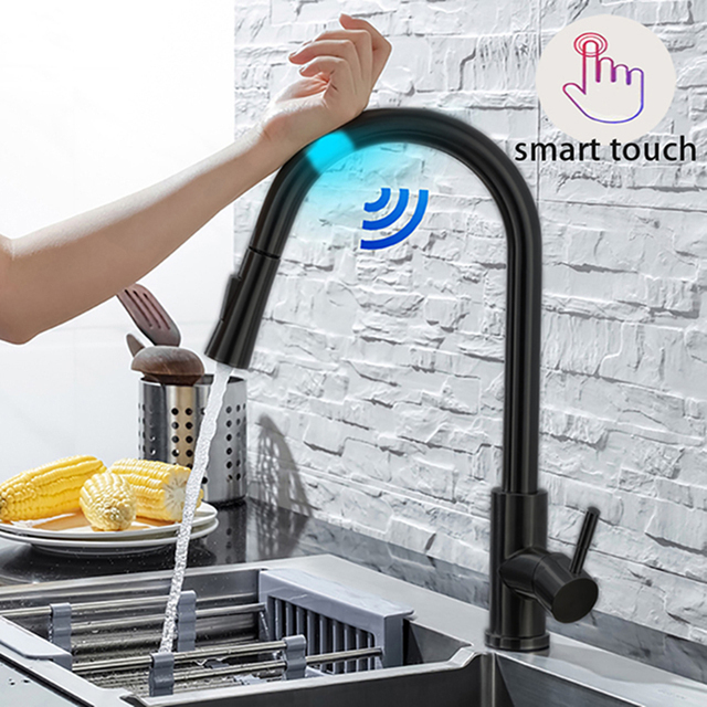 DQOK Kitchen Faucet Pull Out Brushed Nickel Sensor Stainless Steel Black Smart Mixed Induction Tap Touch Control Sink Faucet