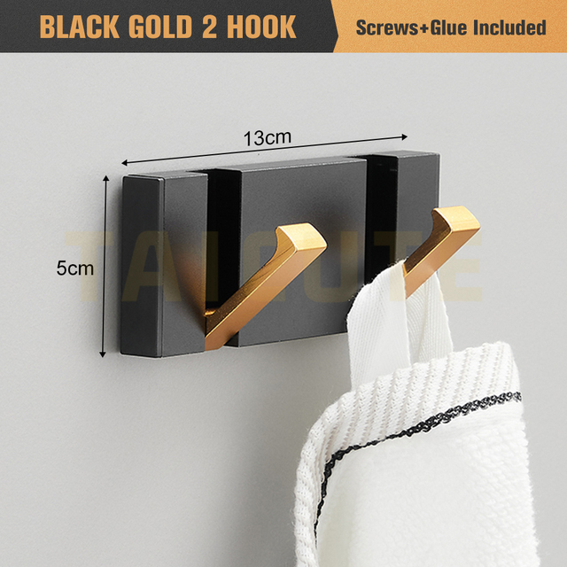 TAICUTE Folding Towel Hanger 2 Ways Fitting Wall Hooks Coat Clothes Rack for Bathroom Kitchen Bedroom Hallway, Black Gold