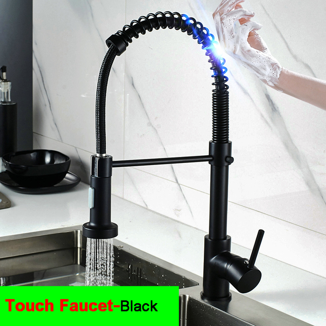 Black Touch Spring Kitchen Mixer Faucets Quality Brass Hot Cold Pull Kitchen Mixer Taps Smart Sensor Touch Kitchen Faucet