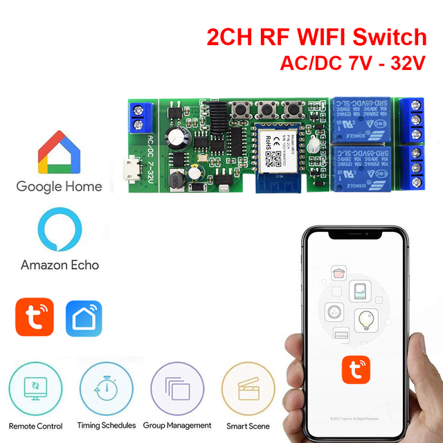 1/2/4 CH Smart WiFi Light Switch Garage Door Opener Breaker Module 12V 24V 220V RF Receiver Tuya Remote Control Work with Alexa