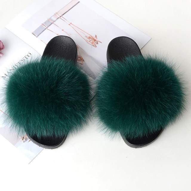 Genuine Fluffy Fur Slippers Women Summer Indoor Flip Flops Fur Sandals Slides Ladies Home Furry Plush Shoes Woman Fur Slides