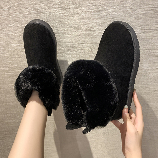 2022 Autumn Winter New Snow Cotton Shoes Cuffs Flat Bottom Short Boots Big Fur Black Warm Velvet Women Boots