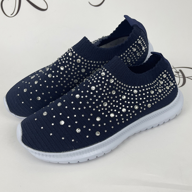 Rimocy Shining Crystal Flats Women Spring Breathable Knit Platform Sneakers Woman Comfortable Soft Bottom Non-slip Sneakers