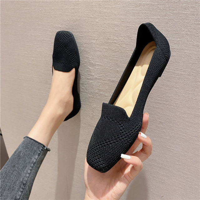 2021 Women Flat Knitted Square Toe Colorblock Soft Ladies Zapatos De Sport Zapatillas Mujer Ballet Breathable Moccasins