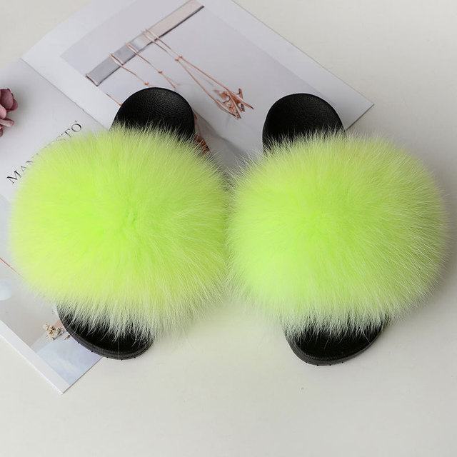 Women Summer Fluffy Fur Slippers Flat Non-slip Solid Real Furry Fur Slides Platform Shoes Plush Fur Sandals Flip Flops Women