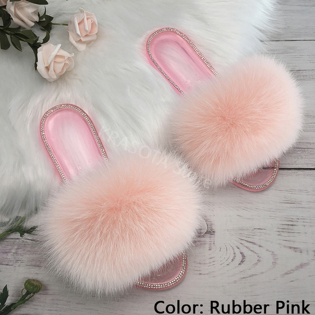 fluffy slippers women real fur home slides summer crystal rhinestones shoes for women flip flops with fur jelly sandals women