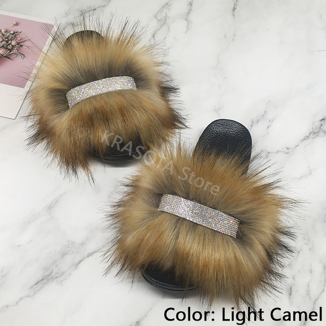 Home Slippers Women Thin Slippers Luxury Summer Faux Fur Slippers Furry Slides Shoes For Women With Rhinestones Slipper 2022