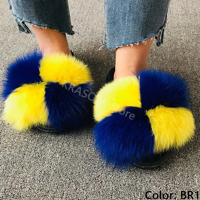 fluffy slippers women luxury real fox fur slippers women home fur slides ladies summer flip flops wholesale flat shoes slippers