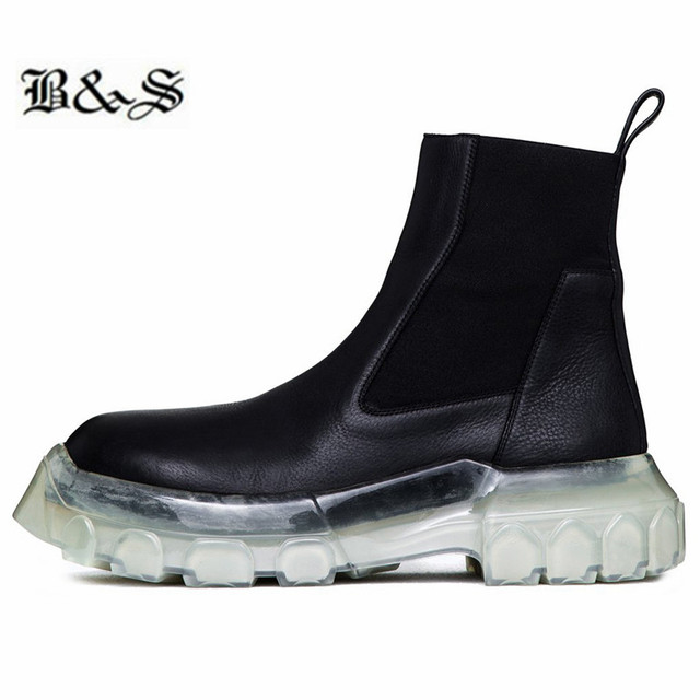 Black and street new thick sole cowhide handmade slip winter add fur inner transparent warm shoes