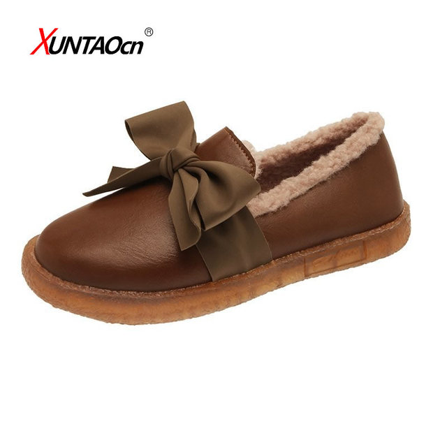 Fashion woman flat shoes ladies quality leather shoes loafers women slip on flats lady solid butterfly knot shoes