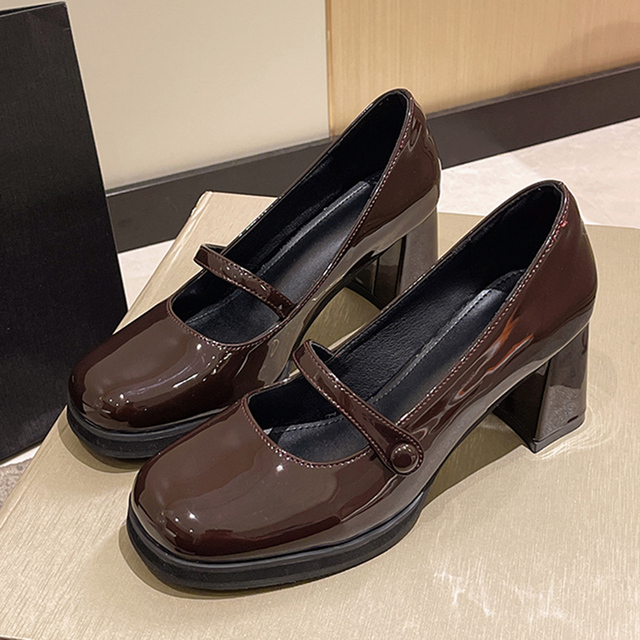 Lucyever Vintage Thick Heels Mary Jane Shoes Women 2022 Buckle Strap Patent Leather Shoes Woman Black Brown Shallow Pumps Ladies