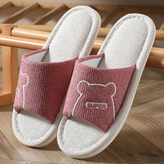 Women Indoor Linen Slippers Floor Couple Bedroom Shoes Ladies Summer Cute Cartoon Open Toes Non-slip Flip Flops Zapatillas Mujer