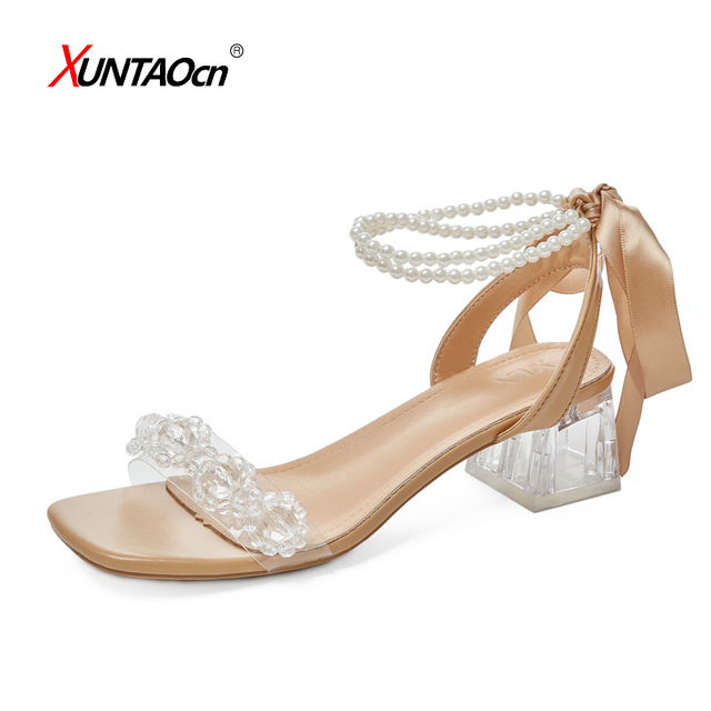 Mid-heel pearl strap sandals women's thick heel 2022 summer transparent one word with crystal high heels